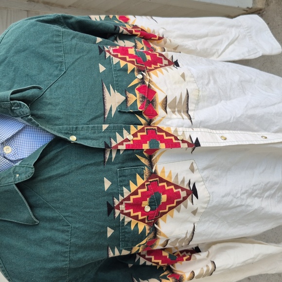 WRANGLER Brush Poplin Green White Snap Aztec Pattern Mens‎ L Western Shirt RARE - Picture 3 of 10